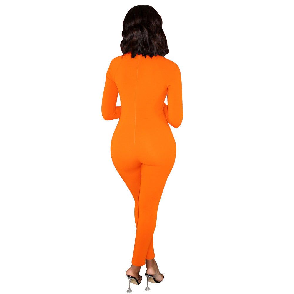 Women's Solid Color Long-sleeved Invisible Cut-out Jumpsuit
