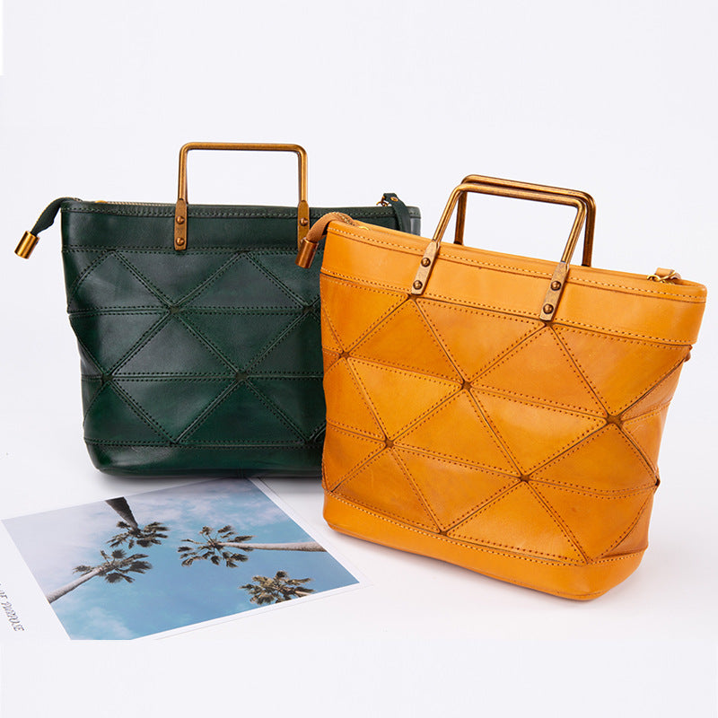 Geometric Stitched Cowhide Women's Bag Work Commute Literary Handbag