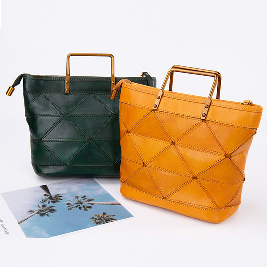 Geometric Stitched Cowhide Women's Bag Work Commute Literary Handbag