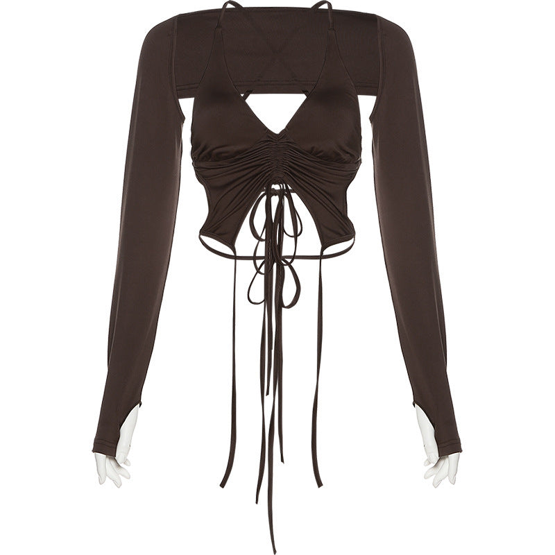 French Hot Girl Style Sexy Hollow Drawstring Halter Neck