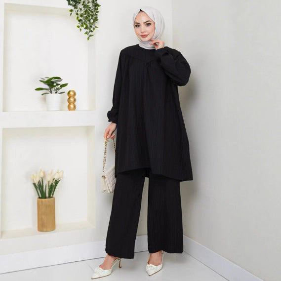 Solid-color Casual Loose-fitting Crew-neck Long-sleeve Wide-leg Pants Set