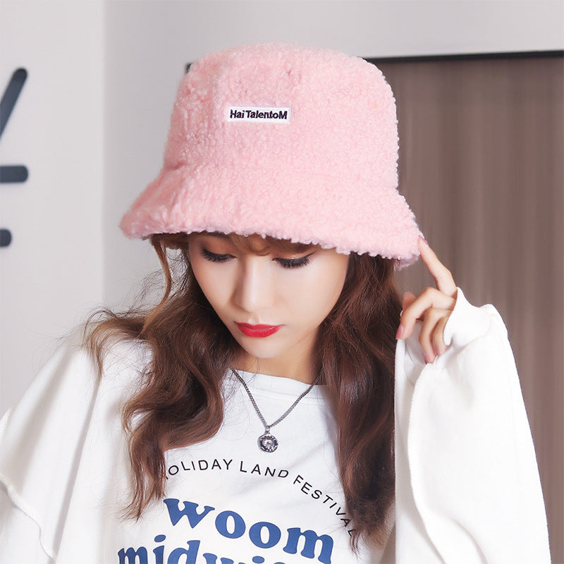 Lamb Hair Letter Embroidered Fisherman Hat
