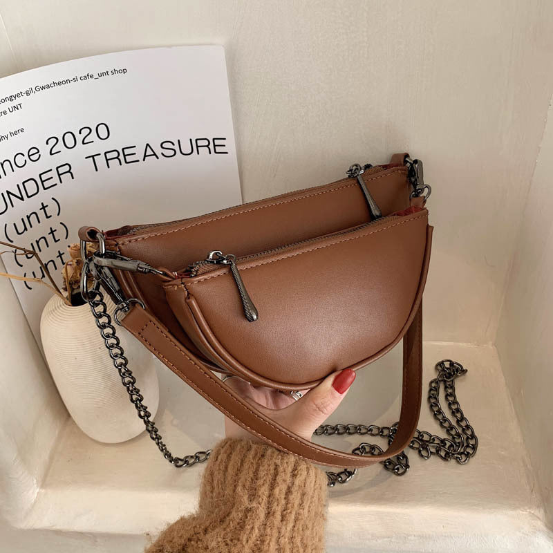 Women's New Retro Half Round Saddle Bag Double Chain