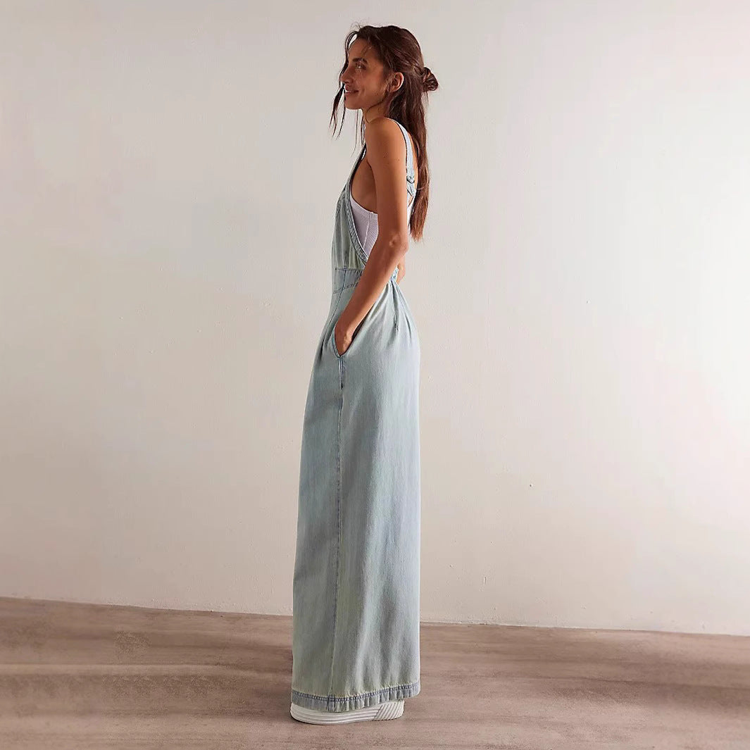 Denim Pocket Loose Wide Leg Overalls