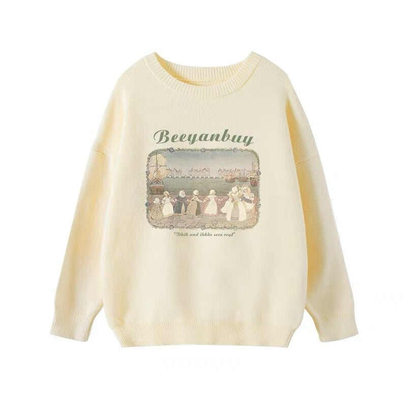 Retro Lazy Pullover Sweater Printed Women's Top