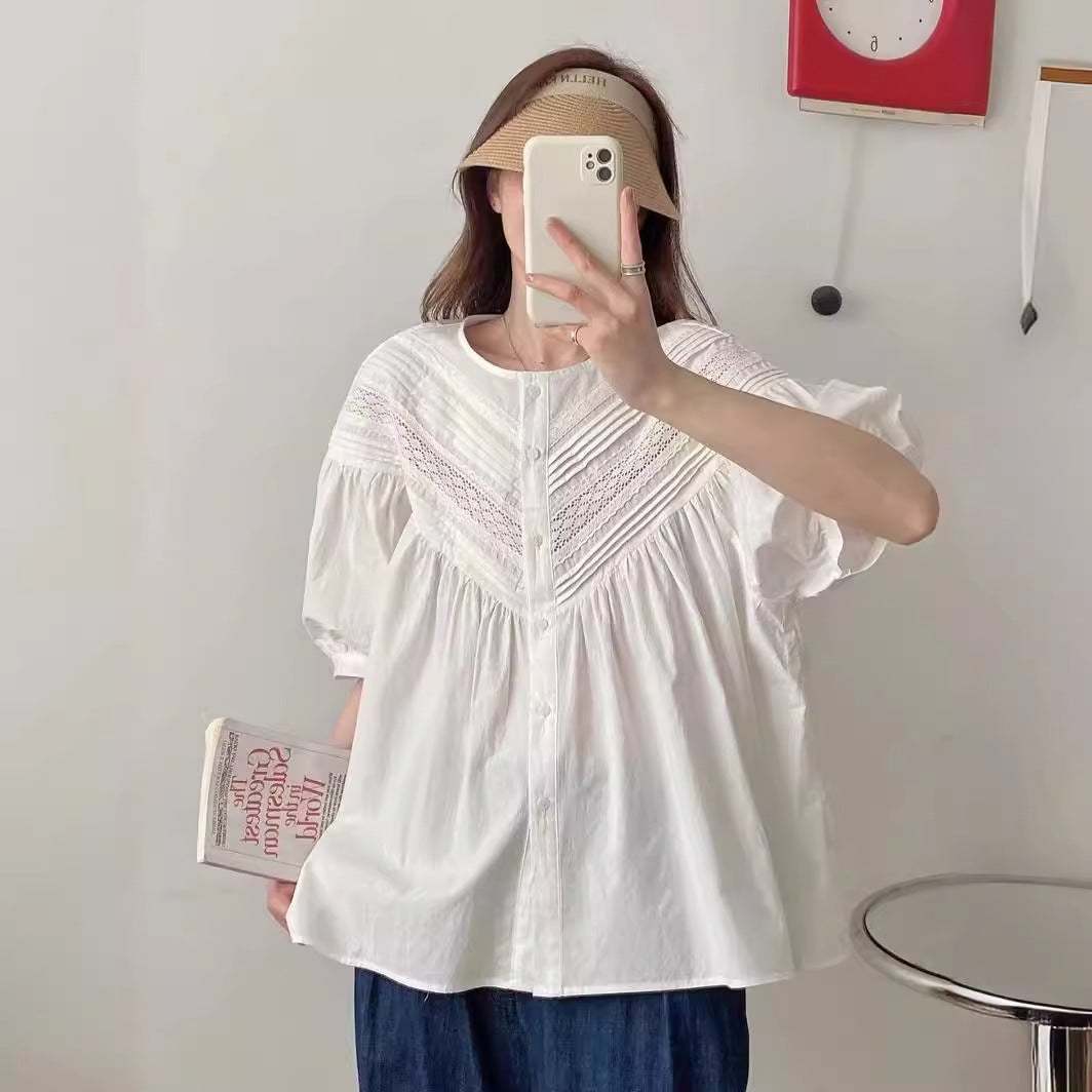 Solid Color Lace Round Neck Younger Short Sleeve Shirt Top