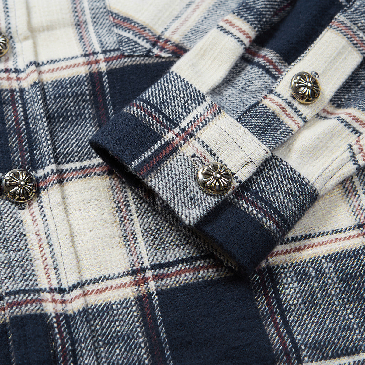 Men's Vintage Cross Button Denim Spliced Plaid Blouse Coat