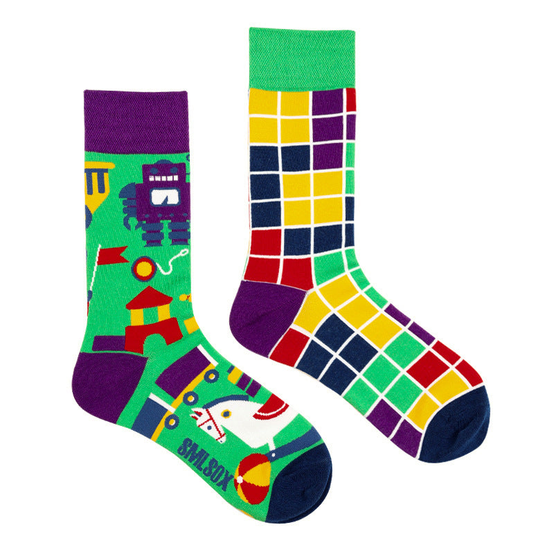 Asymmetrical Color Retro Personality Male And Female Couple Mid-length Cotton Socks