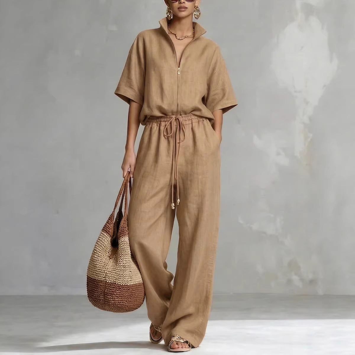 Womens Casual Loose Solid-Color Zip-Up Crew-Neck Wide-Leg Pants Set