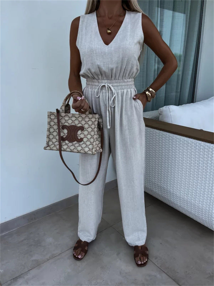 Womens Casua Elegant Solid-Color High-Waisted Sleeveless Jumpsuit