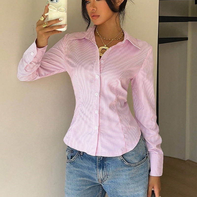 Elegant Striped Waist-tied Long-sleeve Shirt For Women