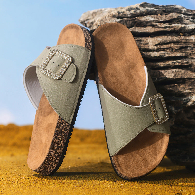Summer New Retro Casual Belt Buckle Open Toe Slippers