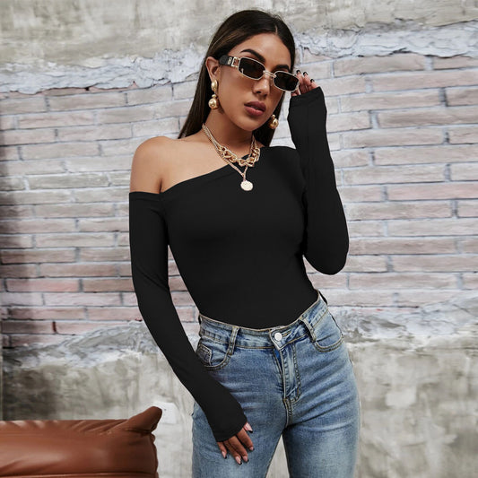 Slanted Shoulder Collar Temperament Slim Long-sleeved T-shirt Knitted Top