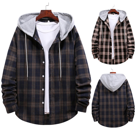 Men's Autumn Youth Casual Cardigan Plaid Hooded Jacket