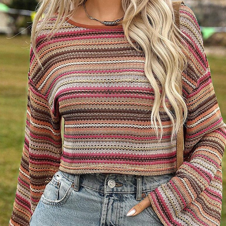 European And American Fashion Colorblock Striped Short Style Sweater