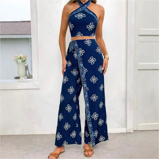 Halter Slim Fit Top High Waist Straight-leg Pants Suit