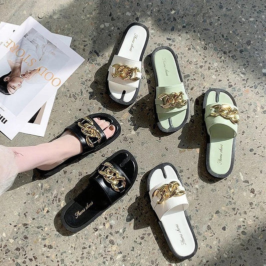Casual One-word Female Drag Metal Chain Lazy Sandals