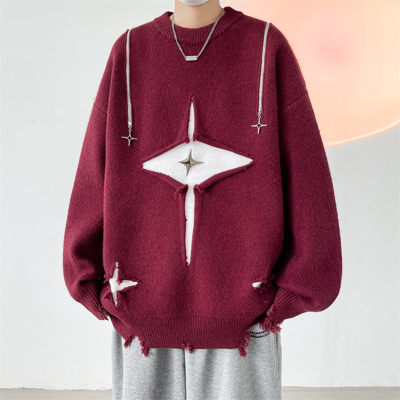 Round Neck Loose Chic Contrasting Design Sweater For Men