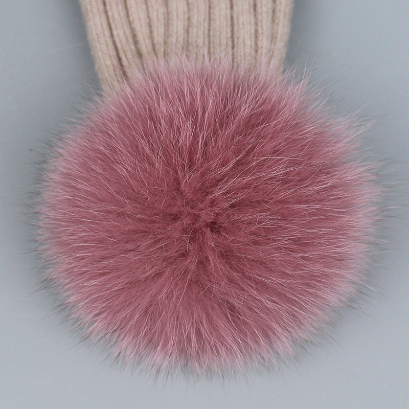 Fox Fur Warm Winter Hat With Ball For Women Child Girl Wool Thick Knitted