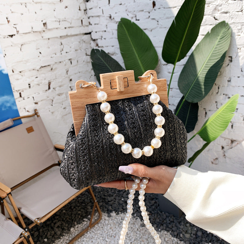 Fashion Simple Straw Pearl Chain Handbag