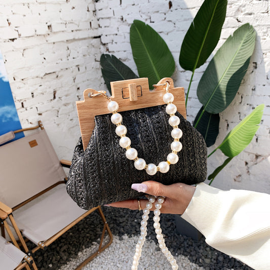 Fashion Simple Straw Pearl Chain Handbag