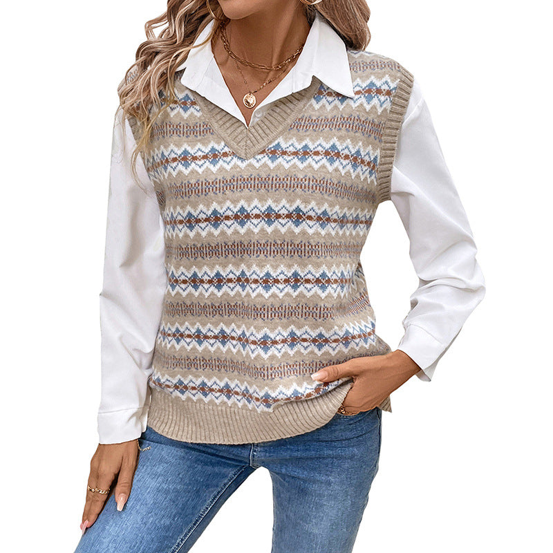 Sleeveless Top Ethnic Style Jacquard Knitted Vest Jacket