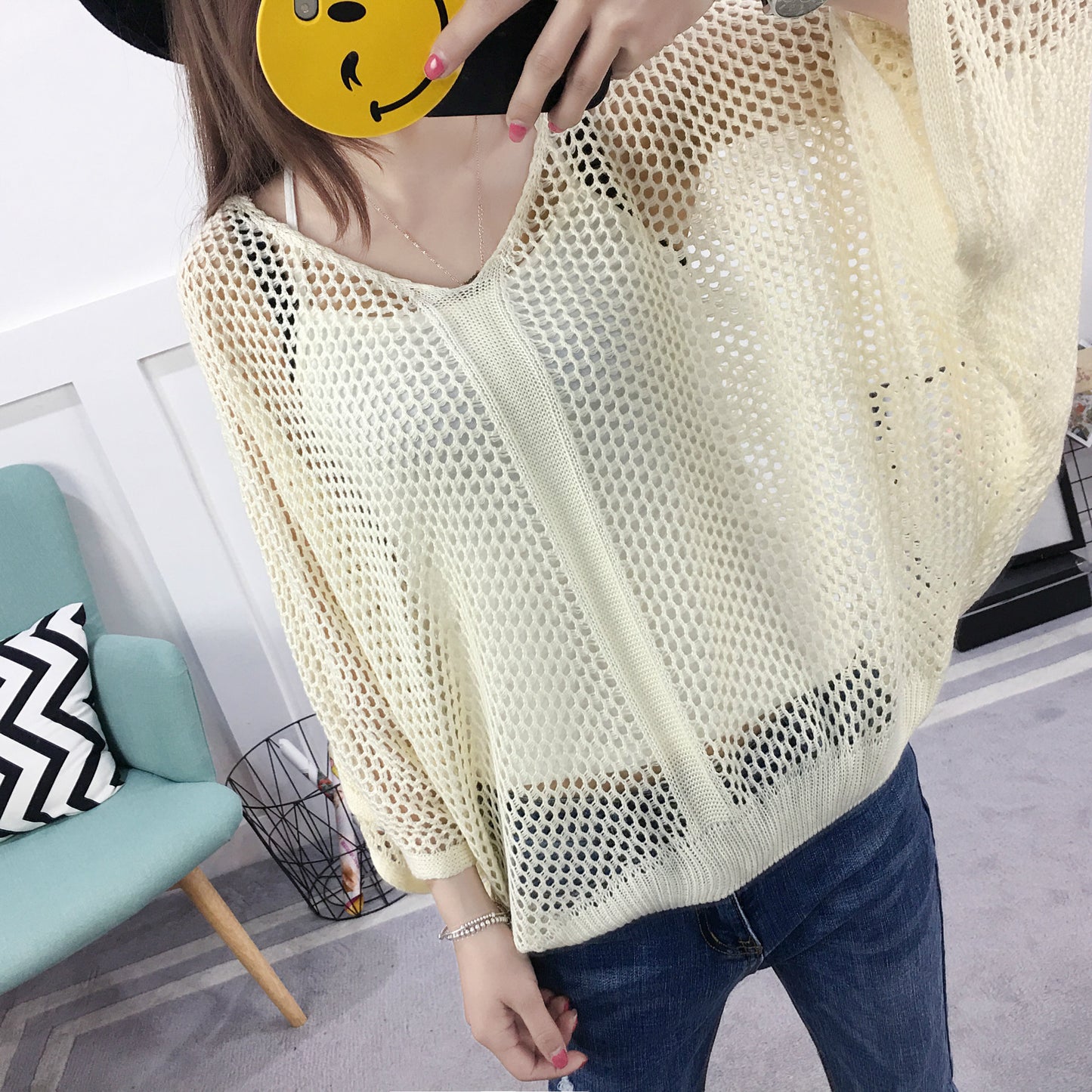 Spring And Summer Loose V-neck Hollow Sweater