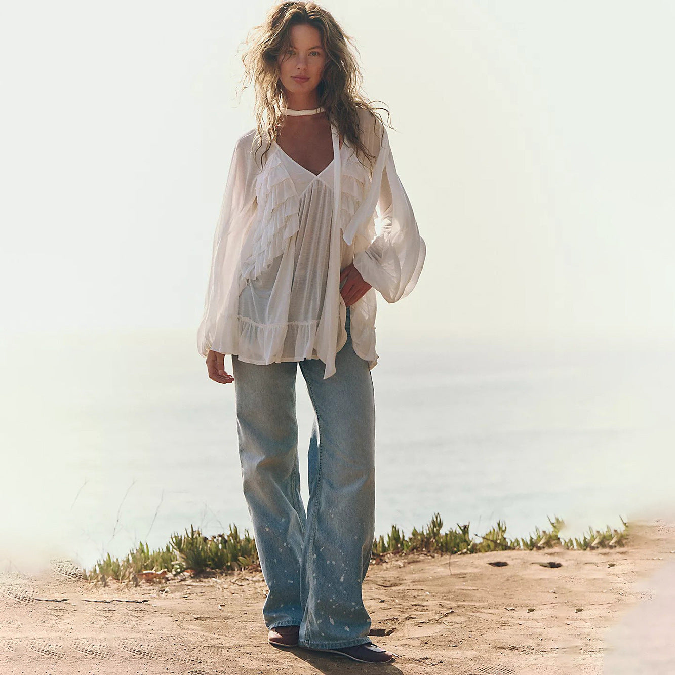 Solid-color Sexy Chiffon Sheer Beach Cover-up