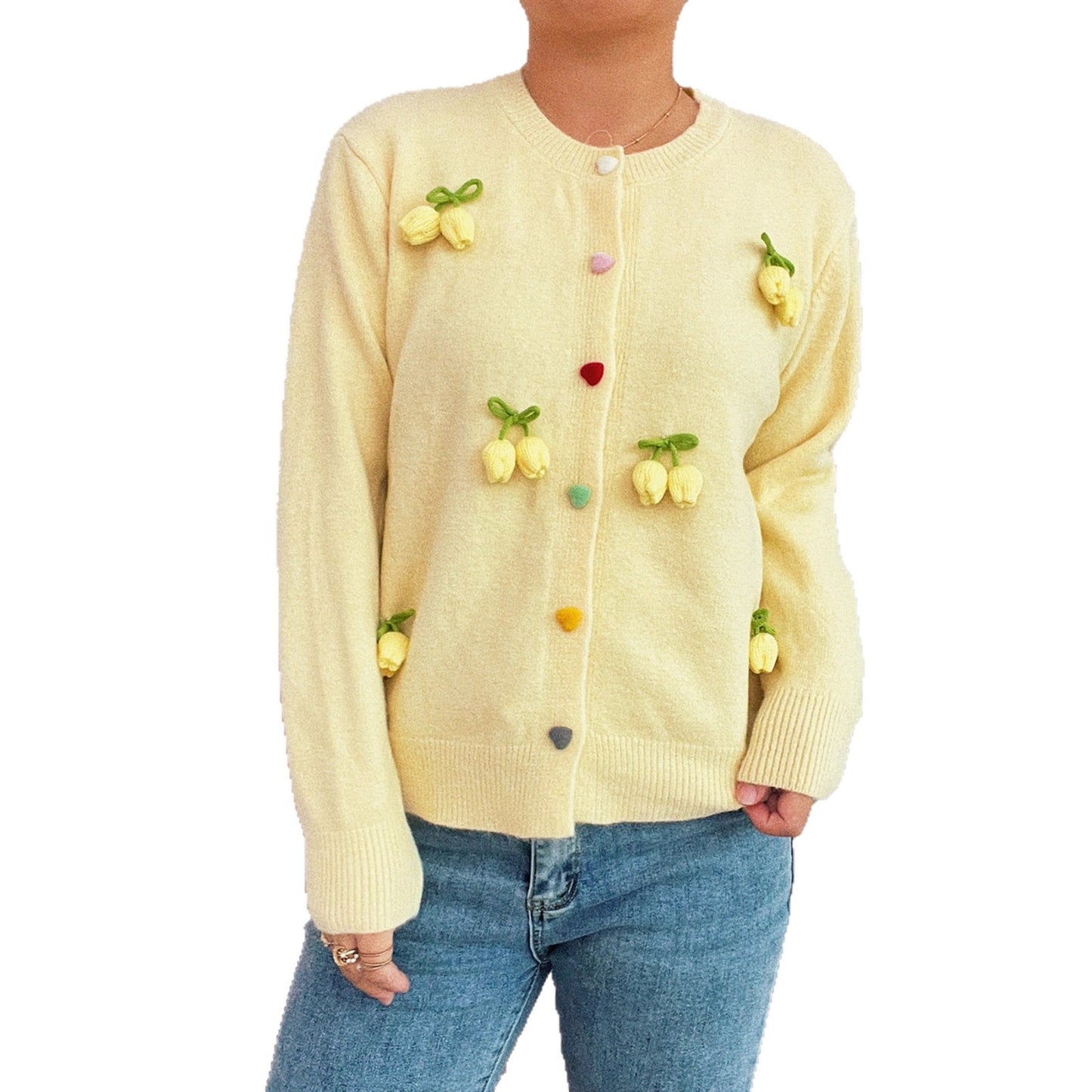 Three-dimensional Decoration Flower Cute Style Knit Casual Valentine's Day Sweater