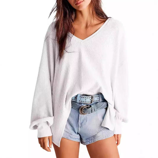 Women's Waffle Knit Blouse Lantern Sleeve Casual Shirt