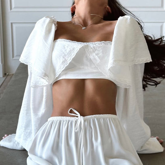 Square Neck Tie-up Lace-trimmed Crop Shirt