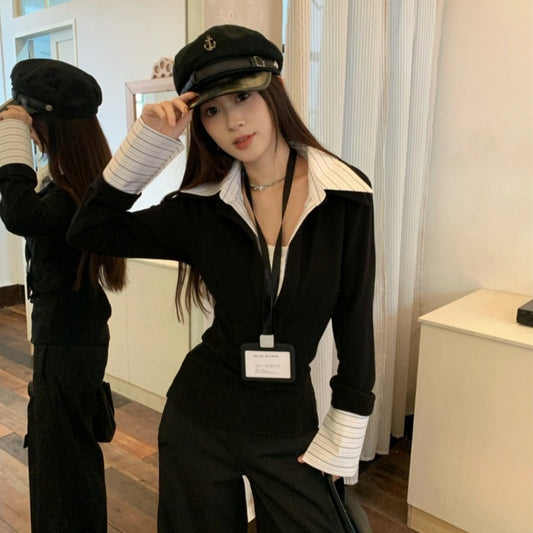 False Two-piece Patchwork Lapel Knitwear Female Winter Coat