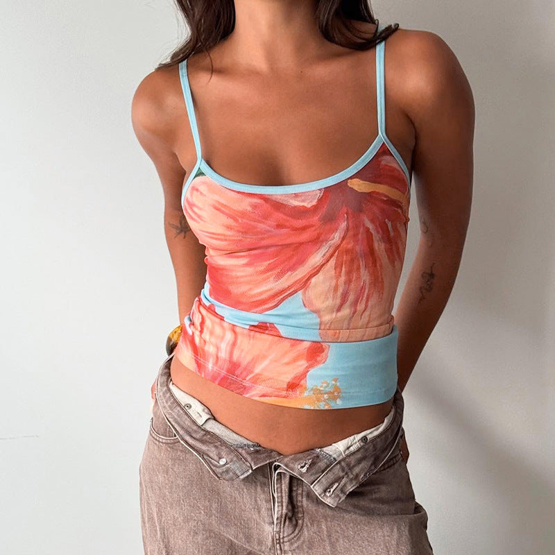 Ruffled Floral Print Sleeveless Camisole And Mid-Length Skirt Casual Set