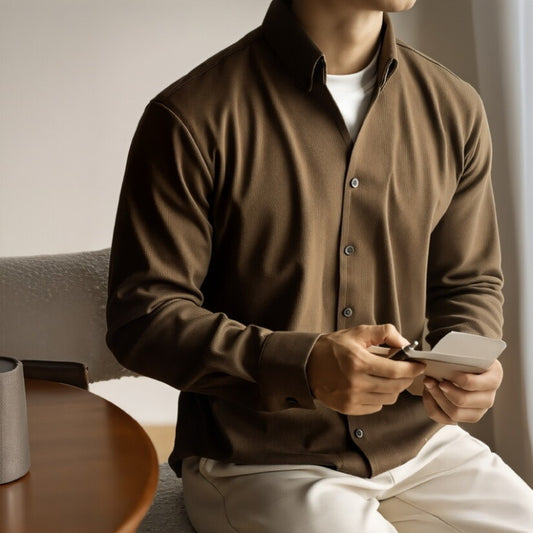 Mens Warm V Neck Long Sleeve Shirt Casual Turn Down Collar