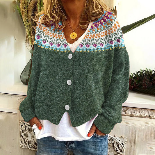 Digitaltryk tyk nål kvinders stor V-hals cardigan kort langærmet sweater