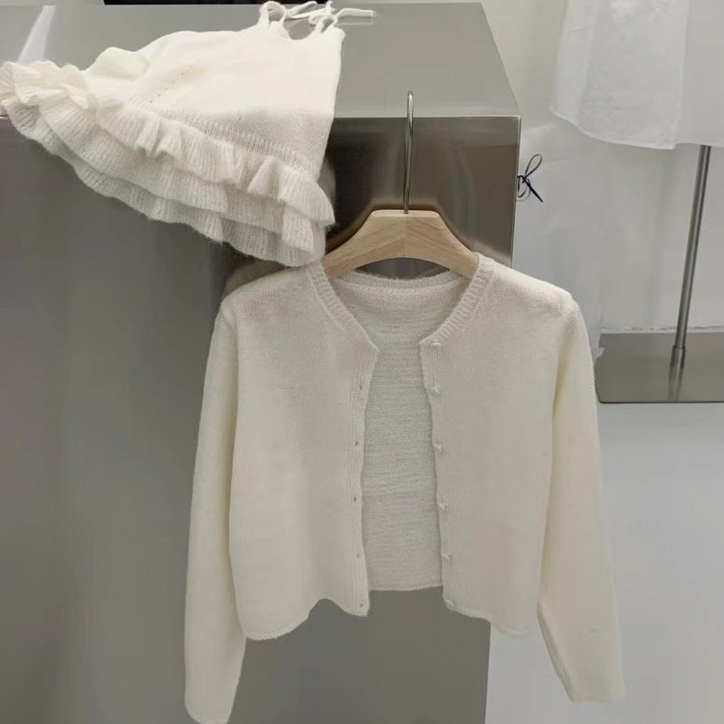 Lace-trimmed Solid-color Skin-friendly Knitted Cardigan And Camisole Two-piece Set For Women