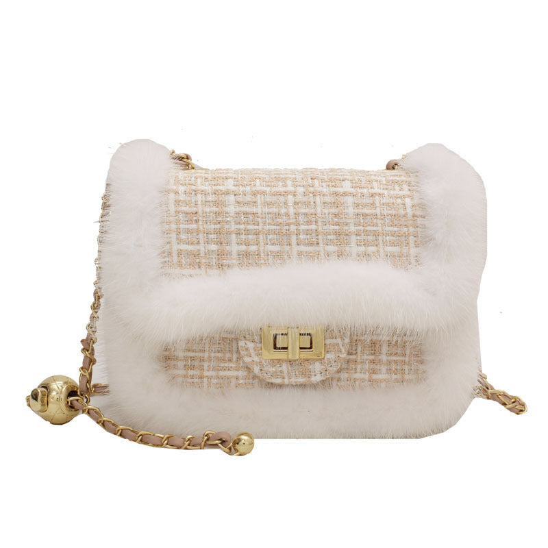 Checked Plush Side Small Gold Bead Metal Small Square Bag