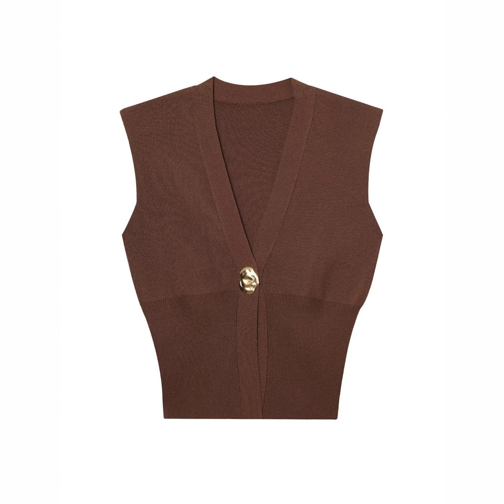 V-neck Knitted Vest Top With One Button