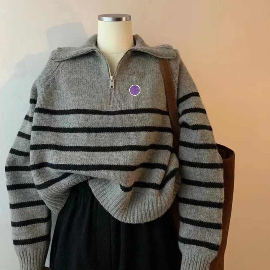 Gray Half Zip Turtleneck Striped Knitted Sweater