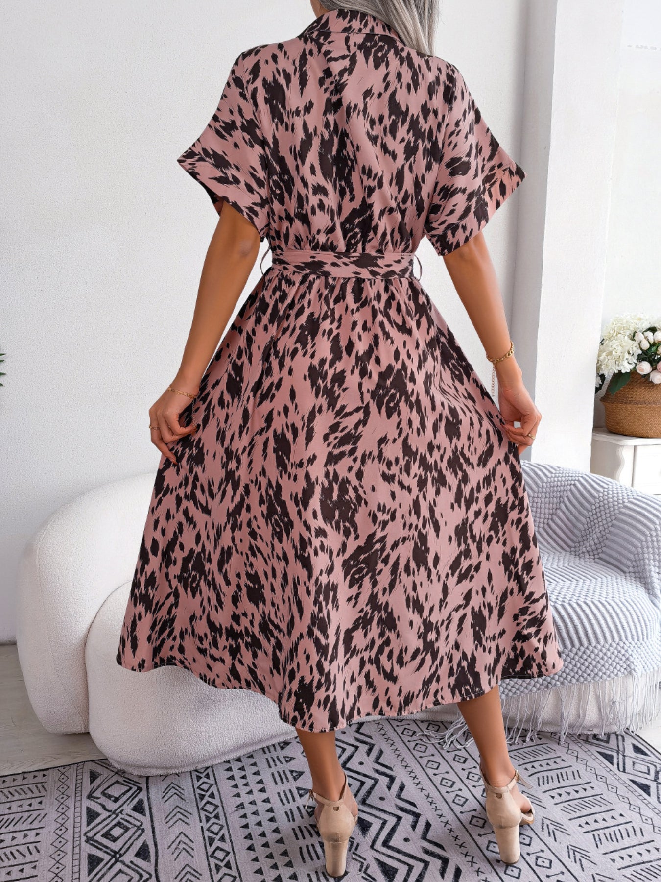 Women's Casual Loose Leopard Print Tie Waist Shirt Dress