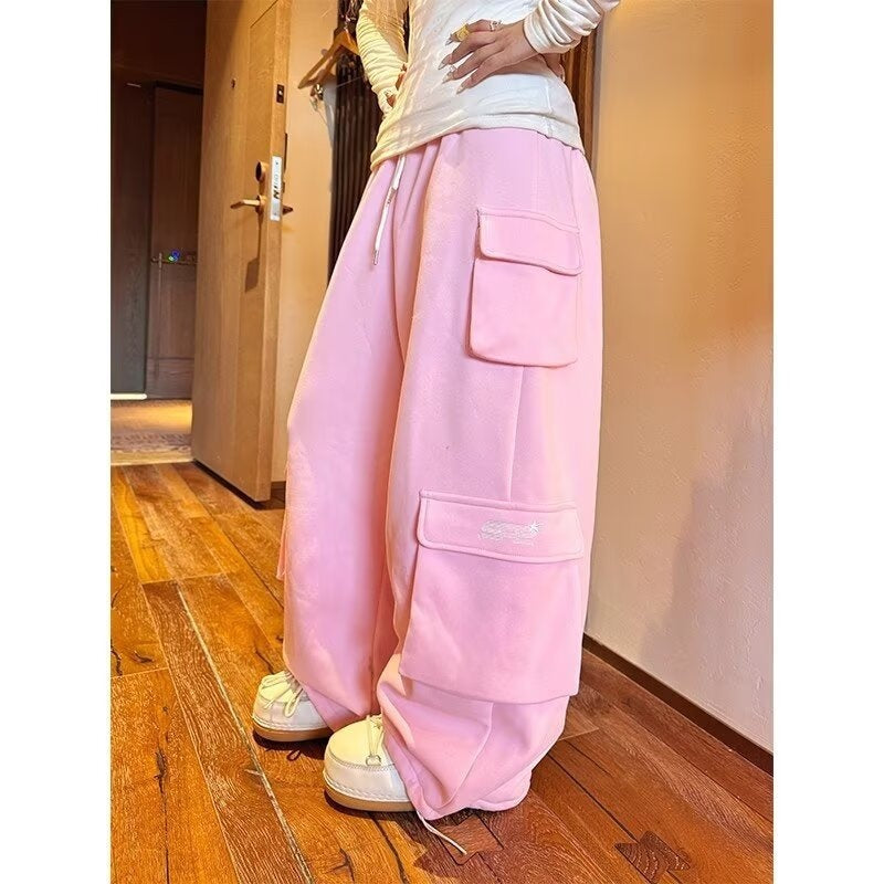Womens AutumnWinter Casual American-Style Retro Fleece-Lined Work Pants