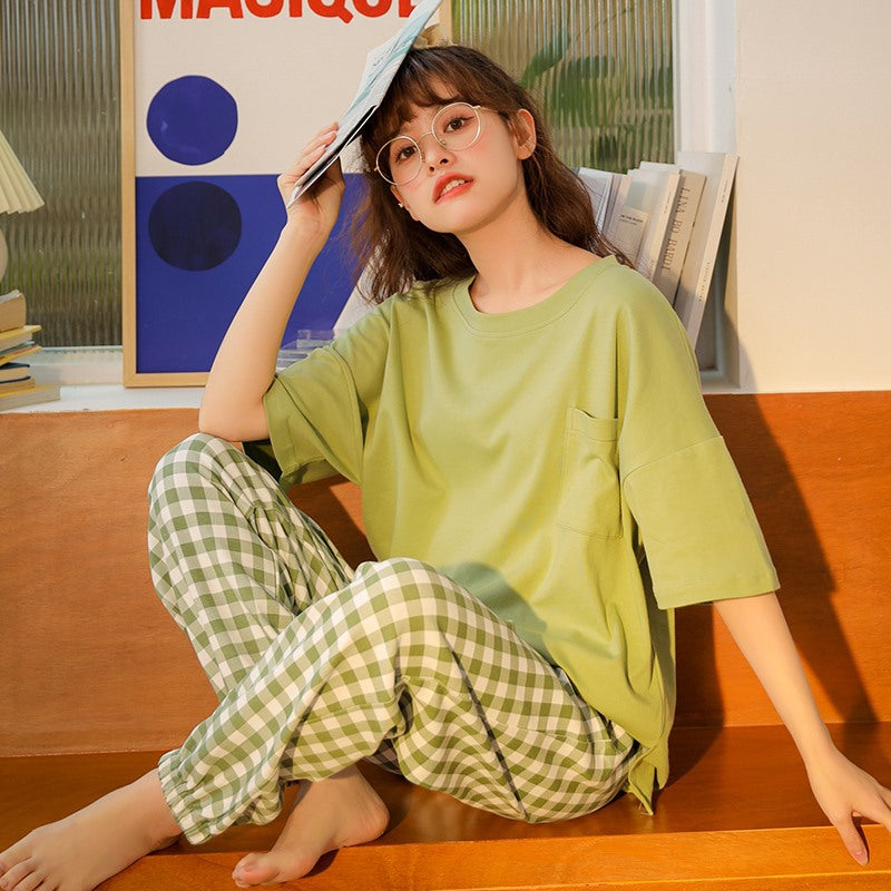 Summer Pajamas Women's Short-sleeved Trousers Cotton Two-piece Set