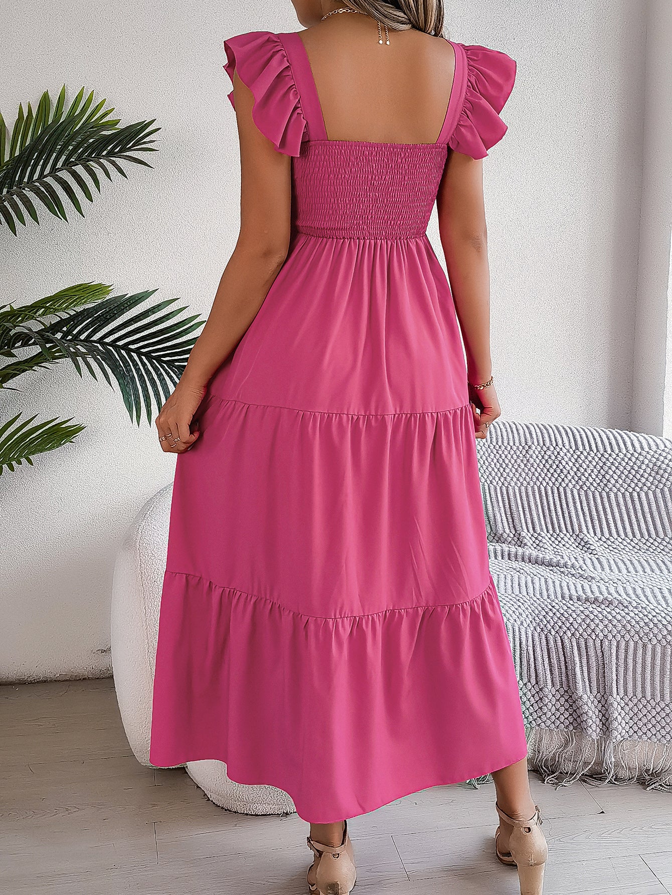 Women's Solid Color Square Neck Ruffle Trim Tie Waist A-Line Maxi Dress