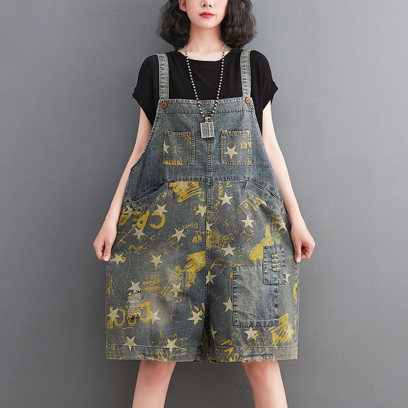 Fat Sister Nostalgic Pentagram Print Denim Bib Shorts