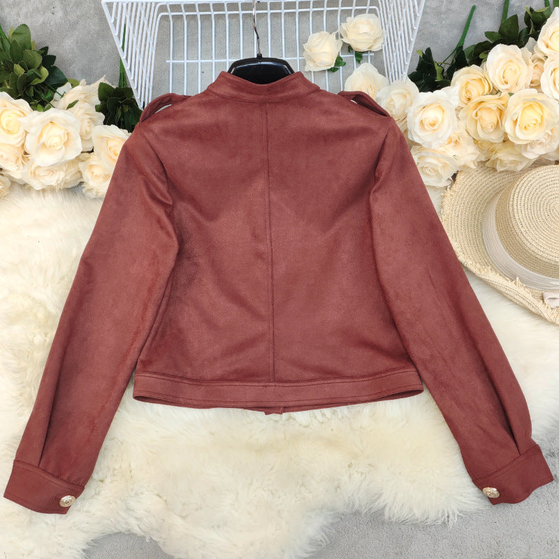 Veste courte en suède à manches longues, style rétro mode femme