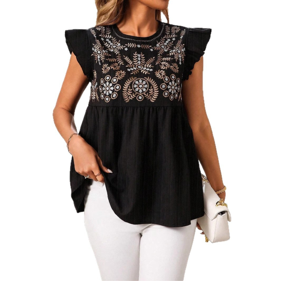 Ethnic Style Embroidered Straight Shoulder Flutter Sleeve Fashion Casual Short Shirt
