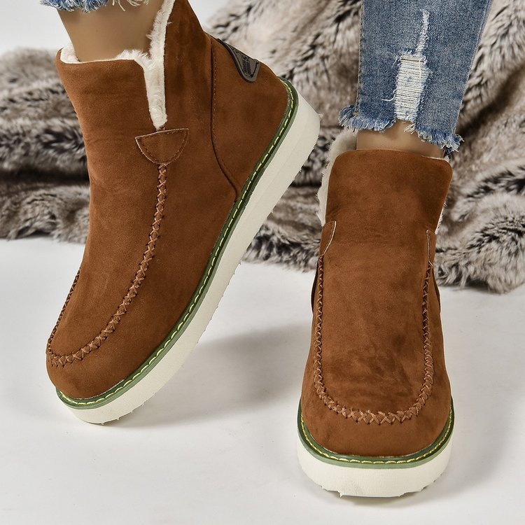 Winter Snow Boots Warm V-cut Flat Ankle Boot Women's Plus Size Solid Color Slip-on Shoes