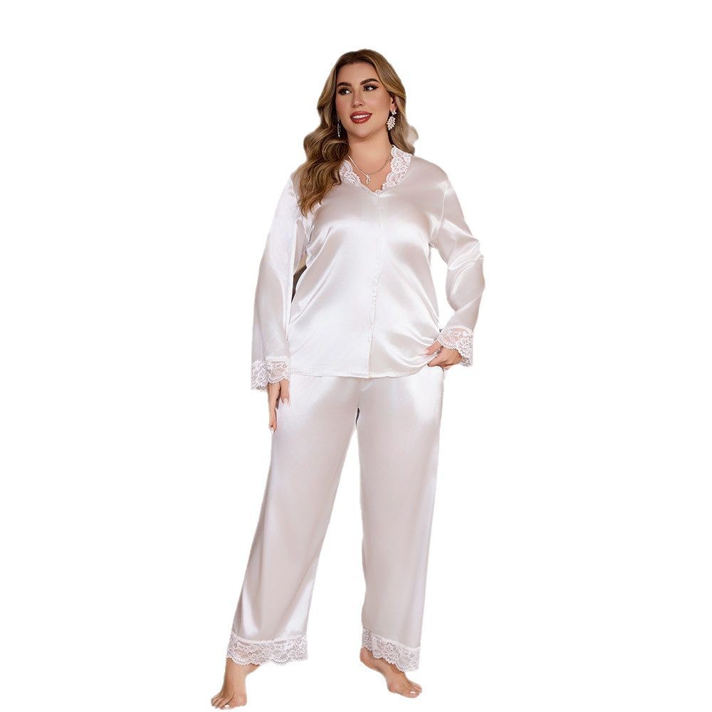 Ice Silk Plus-Size Lace-trimmed Long-Sleeve Pantsuit For Women