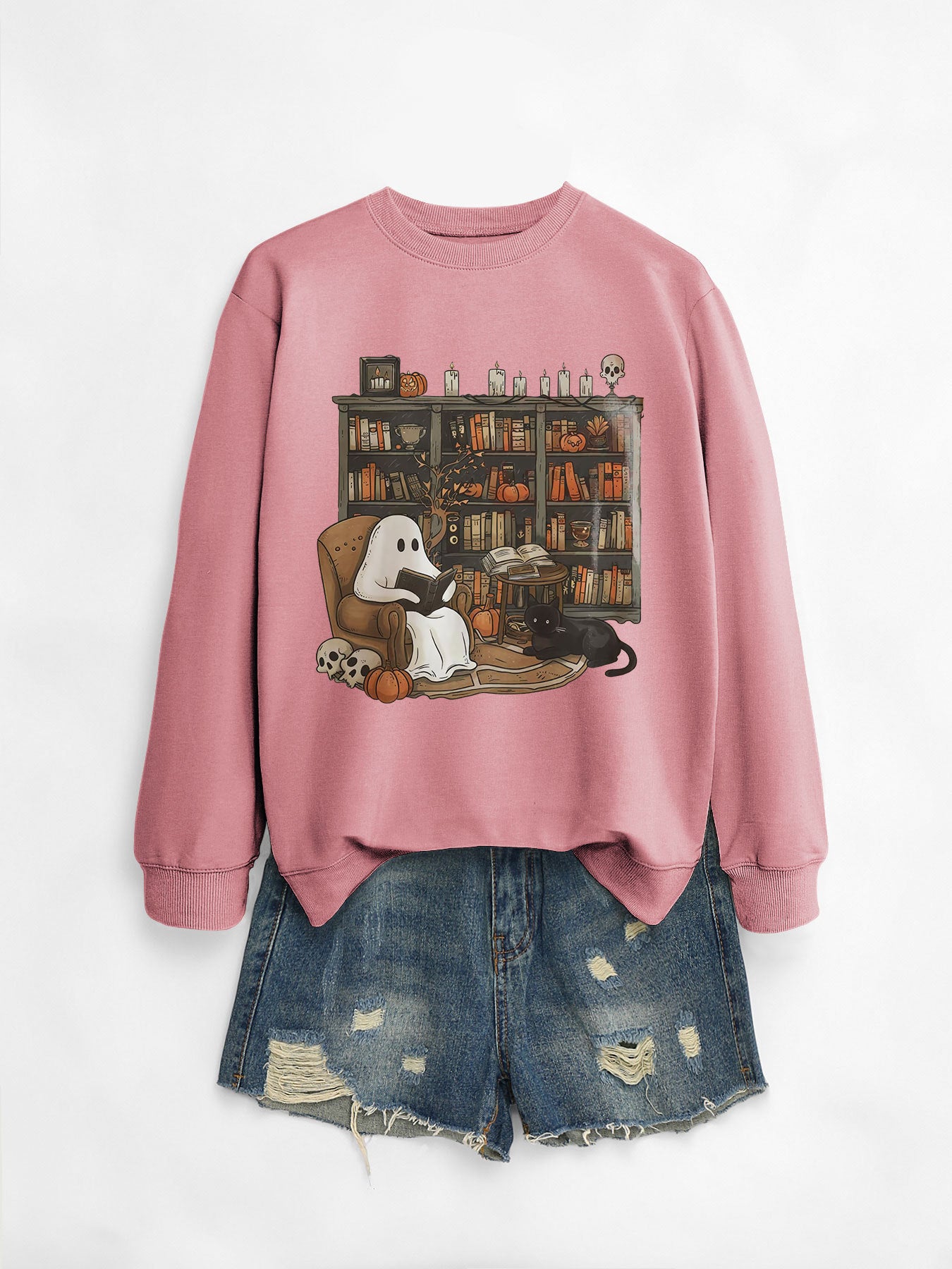 Printed Bookshelf Ghost Black Cat Round Neck Sweater