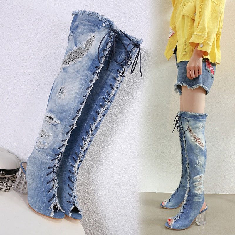 Crystal Block Heel Denim Fish Mouth Strap Roman High Heel Boots